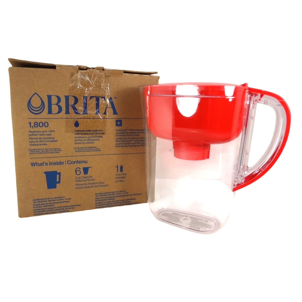 Brita 6 Cup Water Filter Pitcher Red Clear SmartLight Filter Indicator‎ New Box